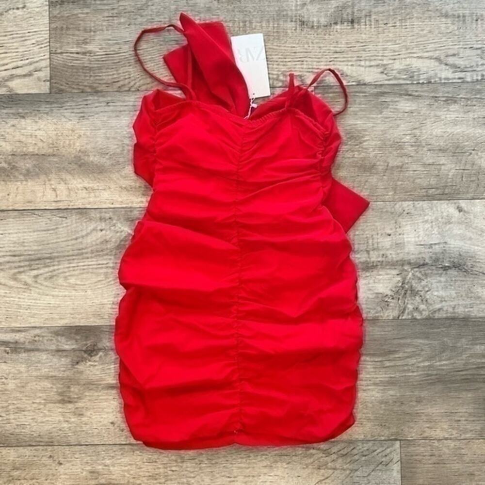 Zara Red Bow Mini Dress Ruched Bodycon Party Dress NWT - Picture 16 of 16